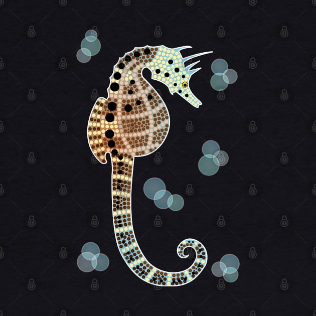 An illustration based on aboriginal style of dot painting depicting Seahorse by Dedoma